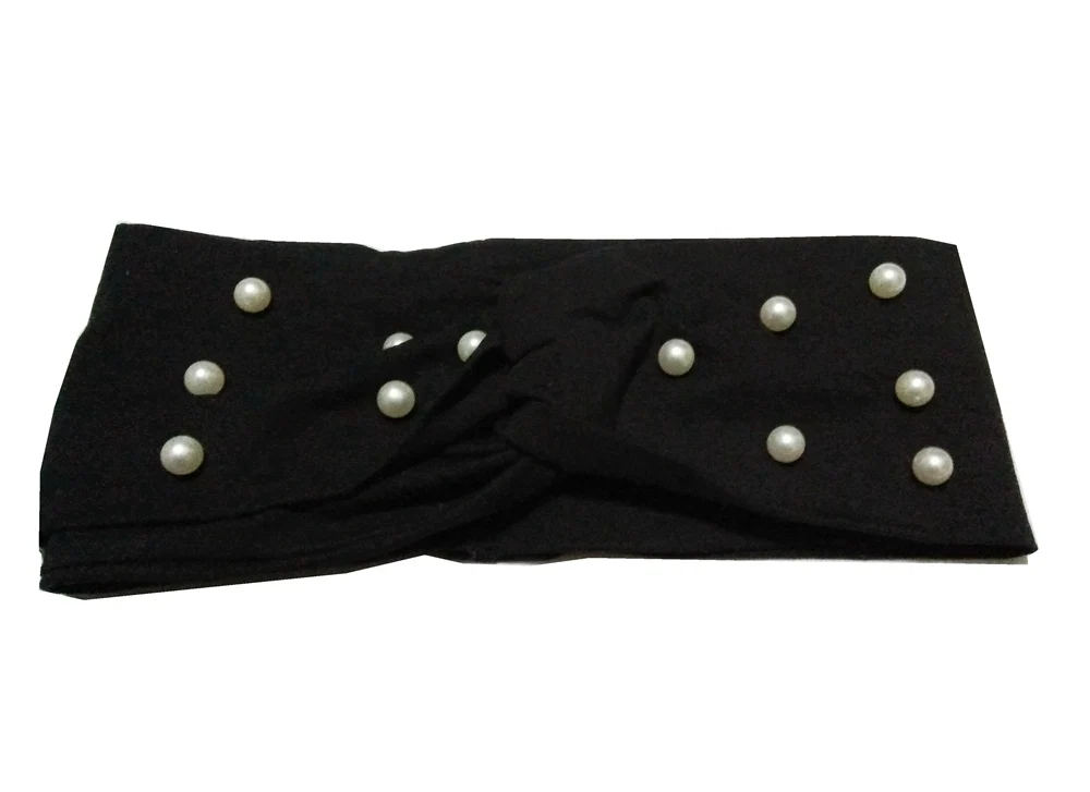 lady fashion stretchy 100 cotton headband twisted turban with pearl charm for women
