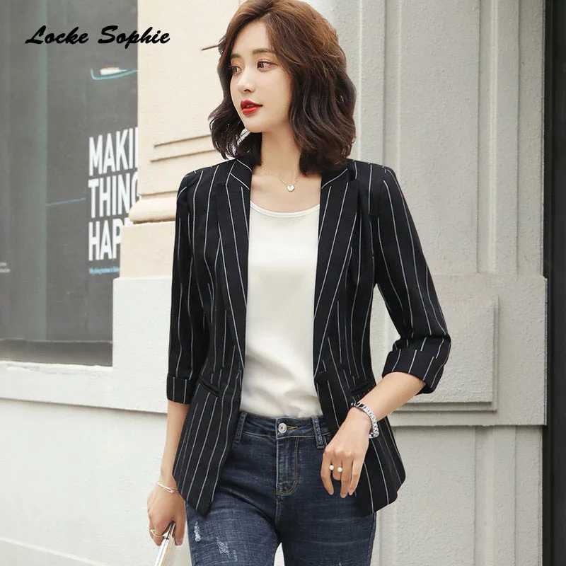 1pcs Women Plus size Blazers coats 2019 Summer cotton blend stripe Slim fit Small Suits jackets ladies Skinny Blazers Suits coat