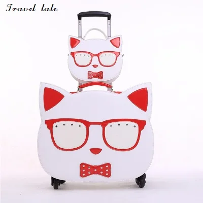 Travel tale fashion Lovely cat 18 inch100% PU Rolling Luggage+handbag Spinner brand Travel Suitcase