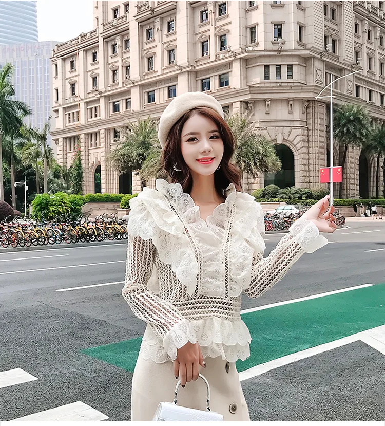 Sweet Hollow Lace Ruffled Shirts Stand Collar