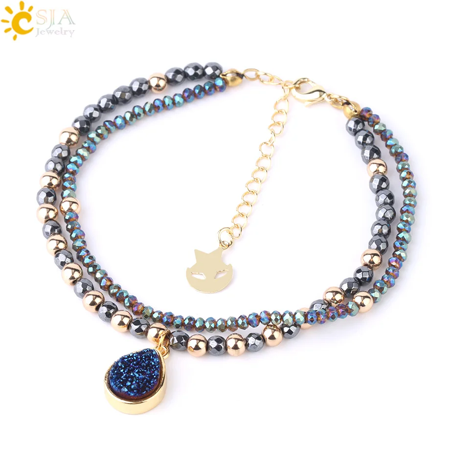 CSJA Natural Stone Bracelets Geode Druzy Crystal Bracelet Summer Statement 2 Strand Beads Women Hematite Pulsera Jewelry S235