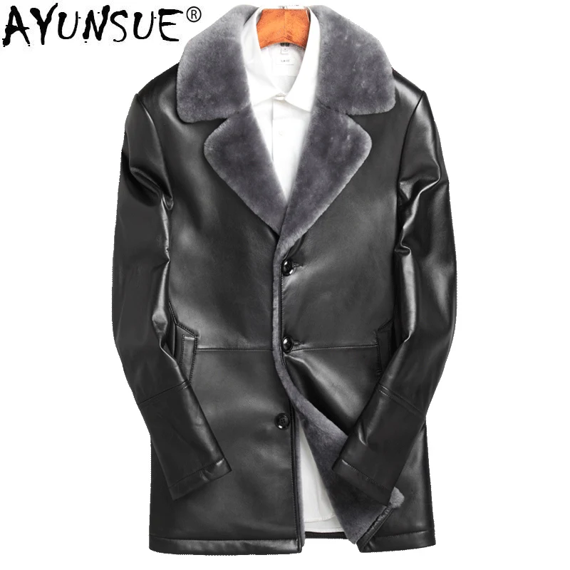AYUNSUE Genuine Sheepskin Leather Jacket Men Real Wool Fur Liner Coat