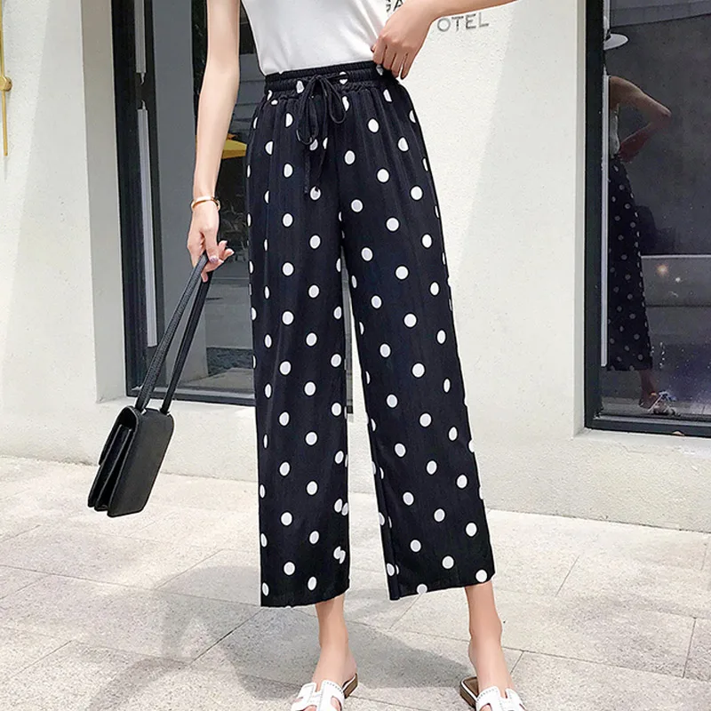 

LZMZA 2019 Women Loose Dot Pants Summer Elastic Waist Straight Leg Pants Casual Ankle-Length Trousers Plus Size 3XL