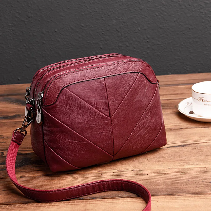 

2019 New Arrival Ladies Sheepskin Bag Women Patchwork Handbags Genuine Leather Tote Bags Female Shoulder Messenger Bag Wine Red