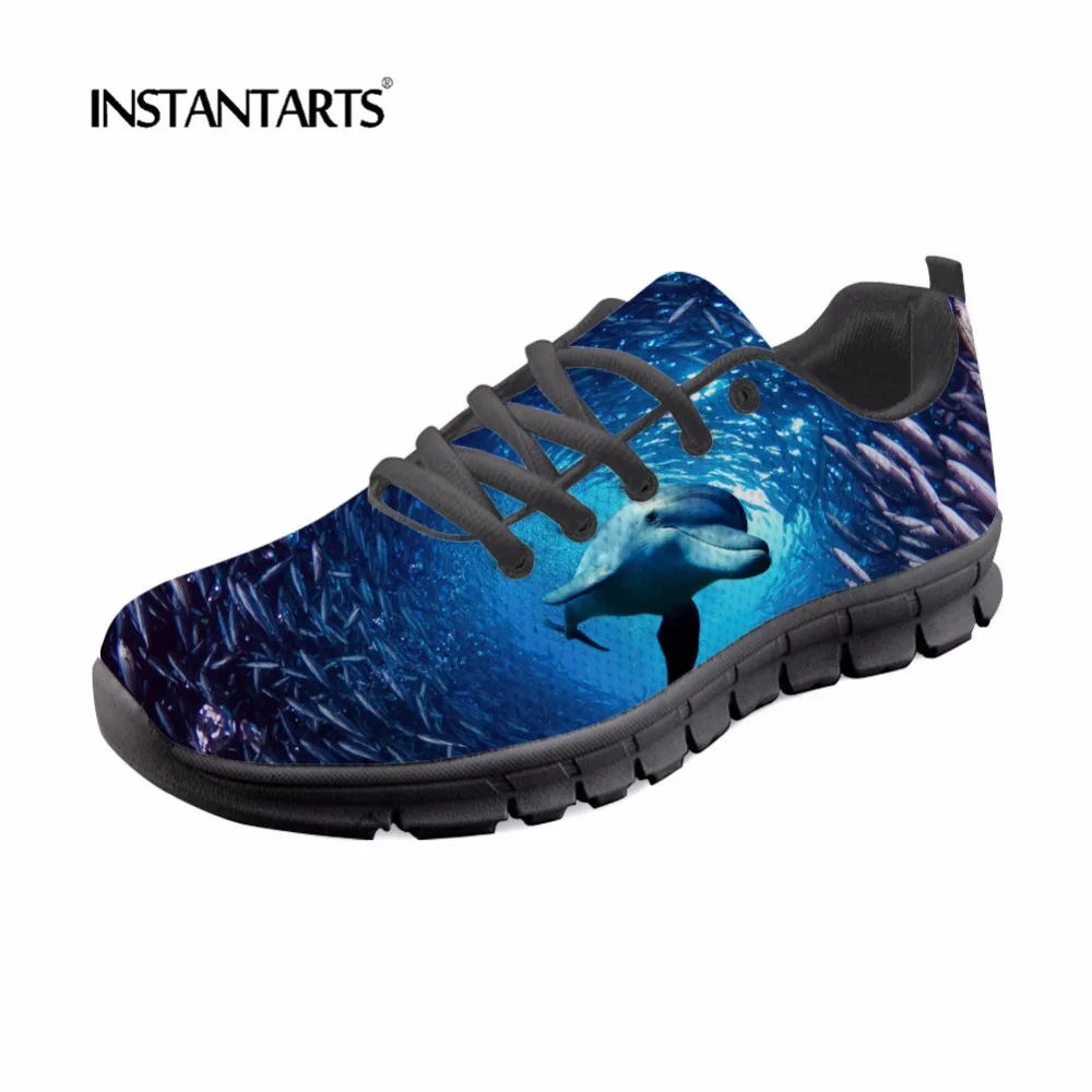 

INSTANTARTS Women Blue Sea Sneakers Cute Dolphin Shark Pattern Youth Girl Casual Lace Up Zapatos De Mujer Woman's Mesh Flat Shoe