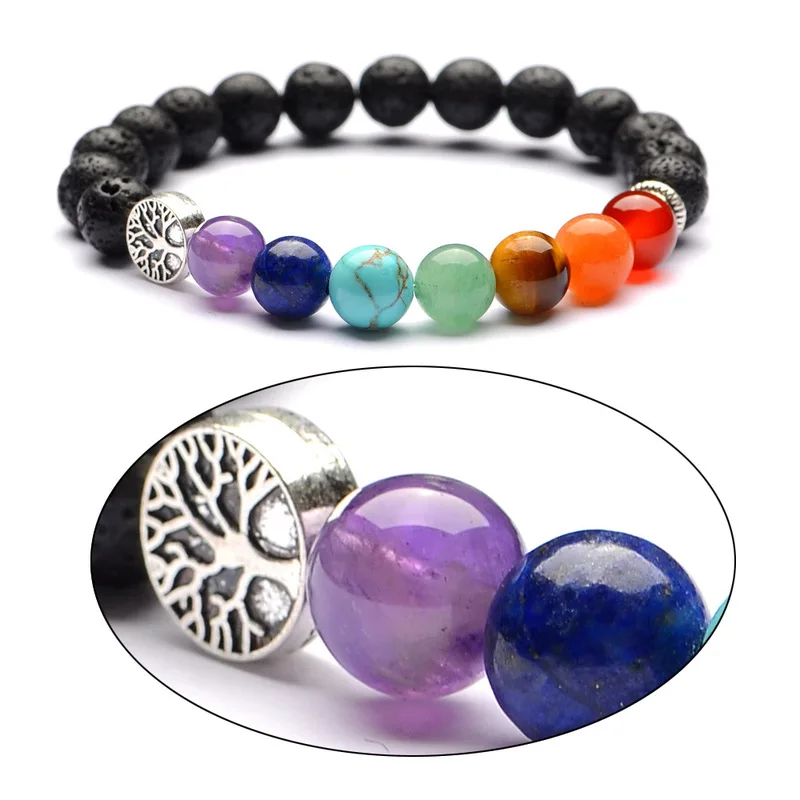 

Tree of Life 8mm 7 Chakras Black Lava Stone Bracelet DIY Aromatherapy Essential Oil Diffuser Bracelet Yoga Jewelry