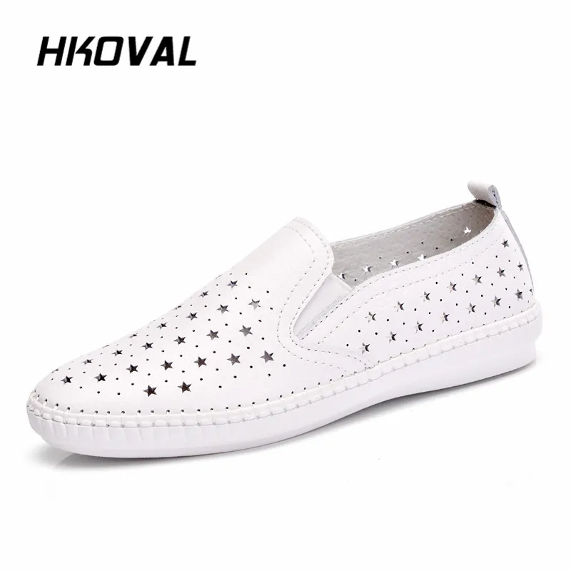 

HKOVAL Women Shoes Sneaker Summer Genuine Leather Flats Shoes Female Casual Flat Woman Loafers Leather Black Flat