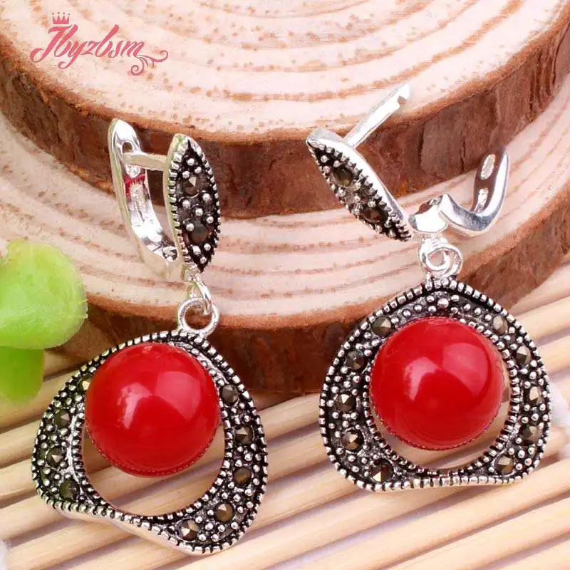 

10mm Round Shell Agates Cat Eye Coral Inlaid Marcastie Tibetan Silver Gorgeous Jewelry Stud Earrings 1 Pair Wedding Party Gift