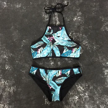 

Sexy High Neck Bikini 2018 Swimwear Women Swimsuit Print Green Halter Top Brazilian Bikini Set Padded Bathing Suits