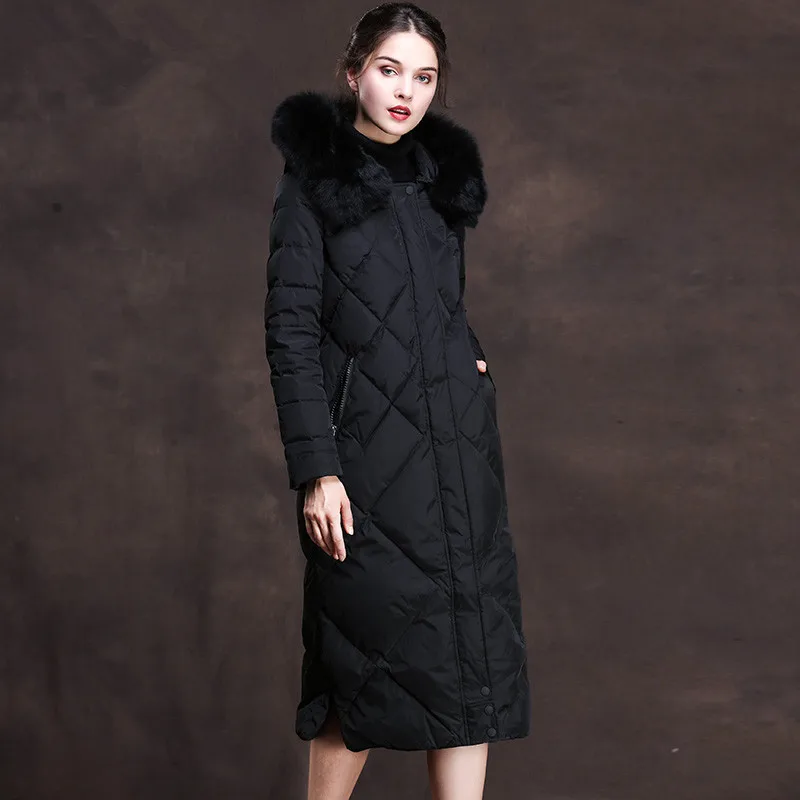 AYUNSUE, зимний женский пуховик, роскошный, Овечья стрижка, с капюшоном, женское длинное пальто, Воротник из натурального Лисьего меха, утепленное пальто 83058 - Цвет: Black