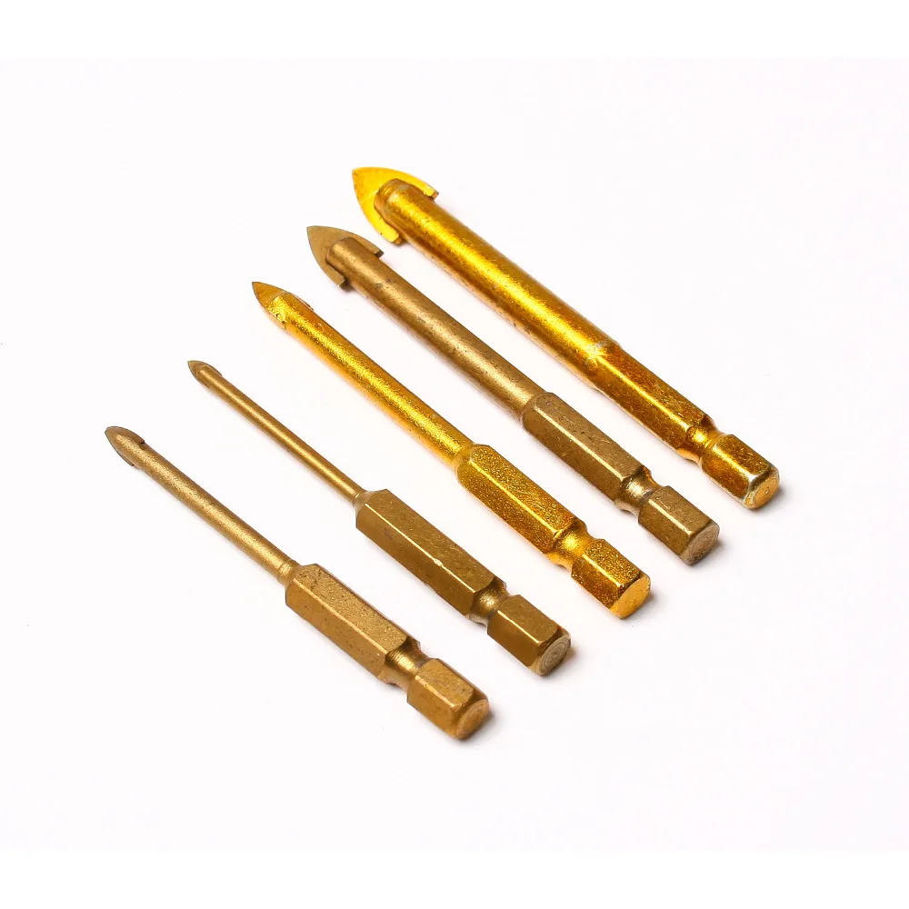 5 Pcs Titanium Coated Glass Drill Bit Set 3//4//6//8//10mm With Hex Shank