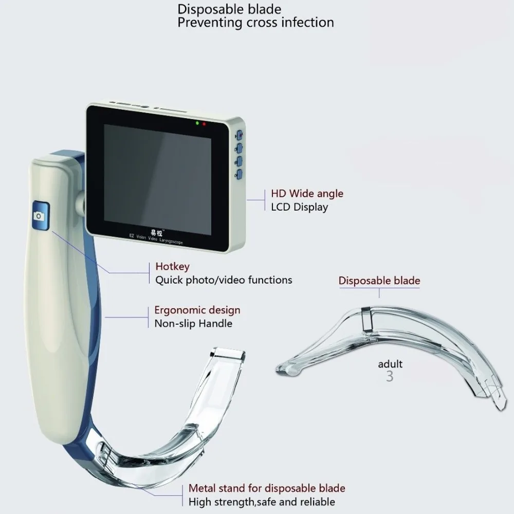 PROD 4000893547935 Free shipping 3.0 inch color TFT LCD screen Video
Laryngoscope with 6 disposable blades