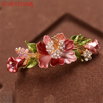 

High Quality Gold Color Rhinestone Barrettes Hair Jewelry Enamel Multicolor Camellia Flowers Hair Clip Bride Hair Accessories