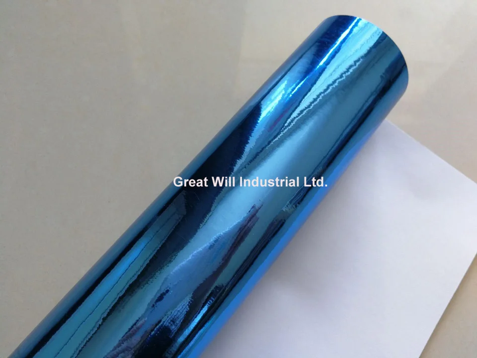 

Light Blue Stretchable Chrome Mirror Vinyl Wrap With Air Release Blue Flexible Chrome Gloss Foil Size 1.52*20M/Roll