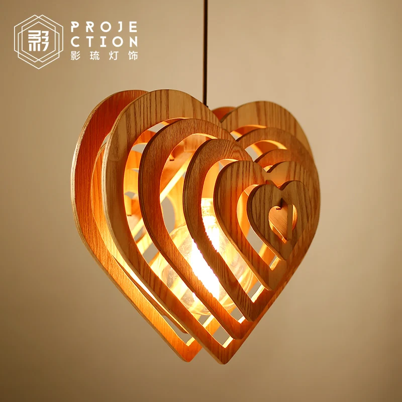 

American Village Restaurant Art Wood Wooden heart-shaped pendant lamp