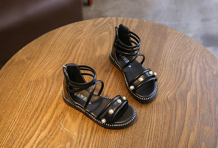 AFDSWG детские летние сандалии Розовые римские сандалии-гладиаторы черная детская пляжная обувь детские кожаные сандалии для девочек на плоской подошве