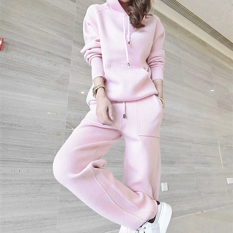 

Taotrees Women Hooded Knitted Sportswear Sweet Woman Sporting Suits Hoodies Top+ Pants Sporting Female Casual Tracksuit