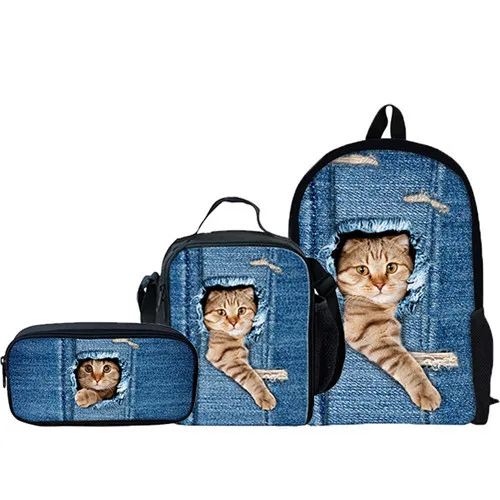 C3303CGK Forudesigns/3 шт./компл. милый кот рюкзак животных джинсовые Рюкзаки для детей Повседневное детская школьная сумка Обувь для мальчиков Обувь для девочек путешествия рюкзак - Цвет: C3303CGK