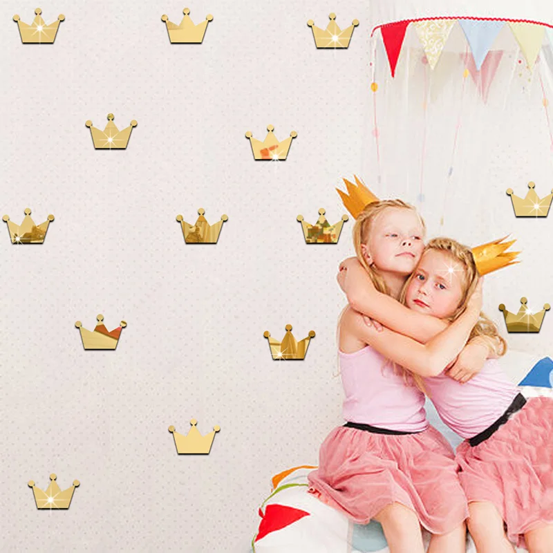 

15Pcs/lot 5*7cm 3D Acrylic DIY Mirror Wall Stickers Kids Room Decoration Princess Crown Sticker Wall Art Decals Home Decor