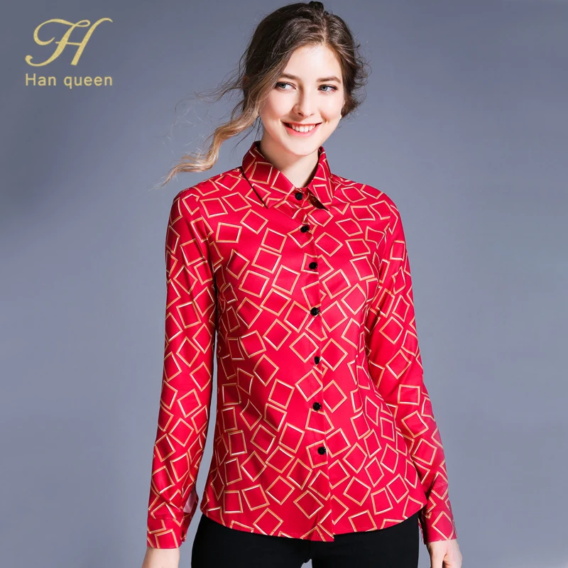 H Han queen женские блузки принт длинный рукав отложной воротник женская блузка рубашки размера плюс Blusas Свободный Повседневный шифоновый топ