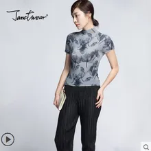 Miyake модная складывающаяся с коротким рукавом новая сексуальная водолазка с принтом Футболка женская