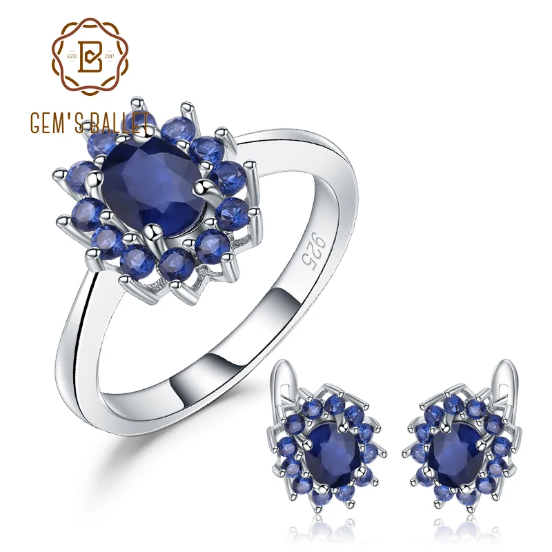 

GEM'S BALLET Princess Diana Natural Blue Sapphire Pendant Earrings Ring Set 925 Sterling Silver Women Jewelry Set Fine Jewelry