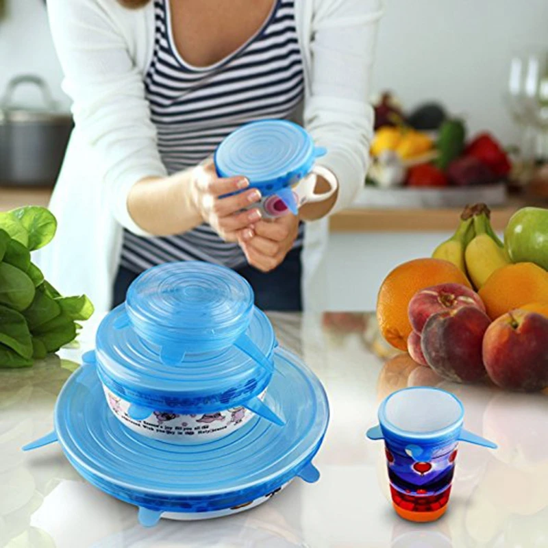

6pcs/set Kitchen Reusable Silicone Food Storage Wrap Microwave Bowl Seal Cover Stretch Lid Kitchen Gadget blue