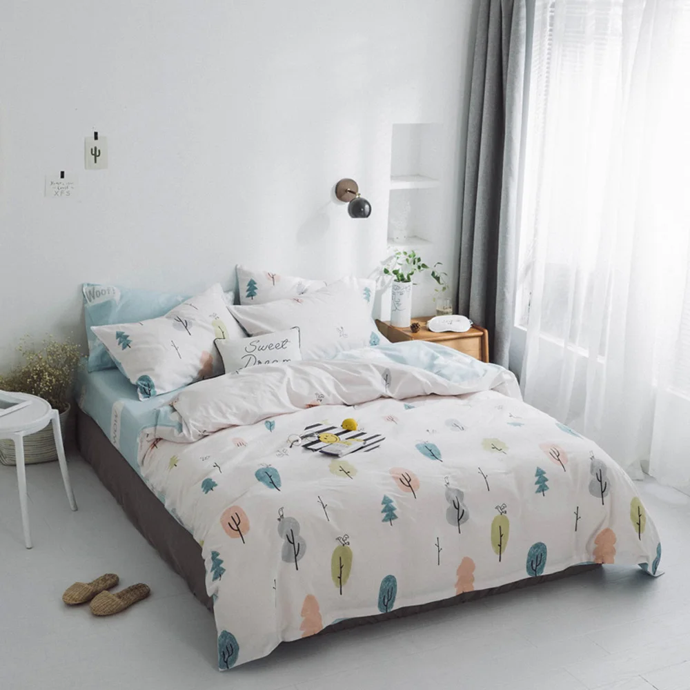 

Papa&Mima Colored tree print bedding set 100% Cotton Queen size flat sheet pillowcases duvet cover sets dropshipping