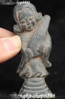 

Old Chinese Antique Bronze Ancient Stand Beauty Belle Girl Hold Zither Statue