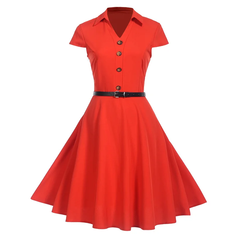 Kostlich Turn-down Collar Solid Color Dresses Hepburn Vintage Short Sleeve Dress Women Big Swing Dress S-2XL With Sashes (2)