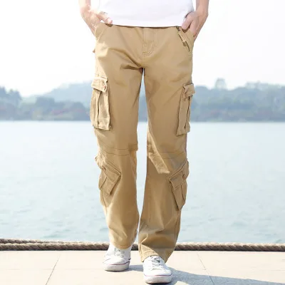 Hansca весна-осень мужские свободные прямые повседневные брюки плюс размер эластичные мульти-комбинезоны с карманами 3XL, 4XL, 5XL, 6XL - Цвет: Хаки