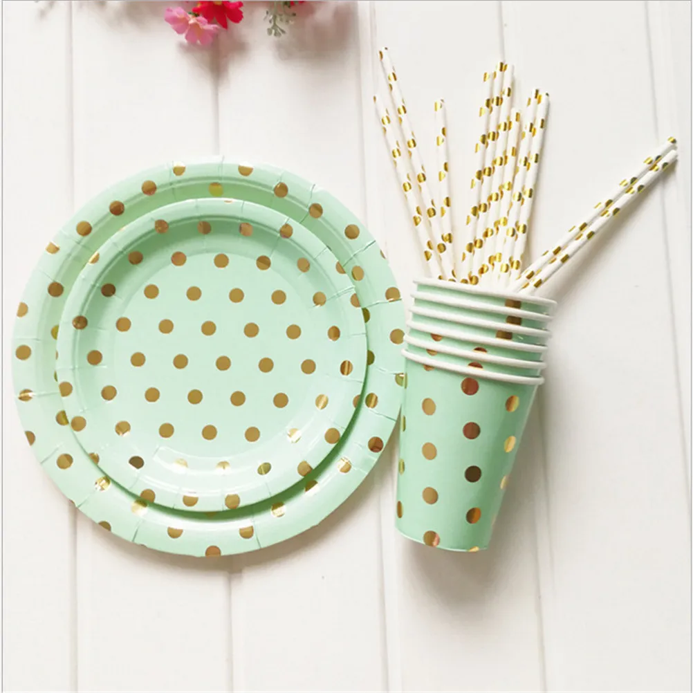 New Year Party Paper Plates Cups Birthday Party Supplies Plastic Straws Green Golden dots