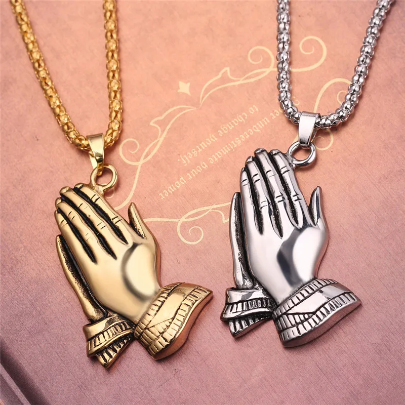 

The Praying Hands Pendant Necklaces Gold Silver Brother Gift Jewelery 60cm Long Chain kolye Hip Hop Necklace Men Chain Jewelry