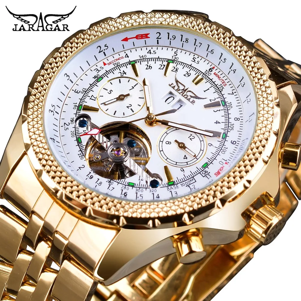 Turbilhão de Aço Exibição dos Homens Relógio de Pulso Jaragar Ouro Inoxidável Design Calendário Relógios Marca Superior Luxo Automático Mecânico