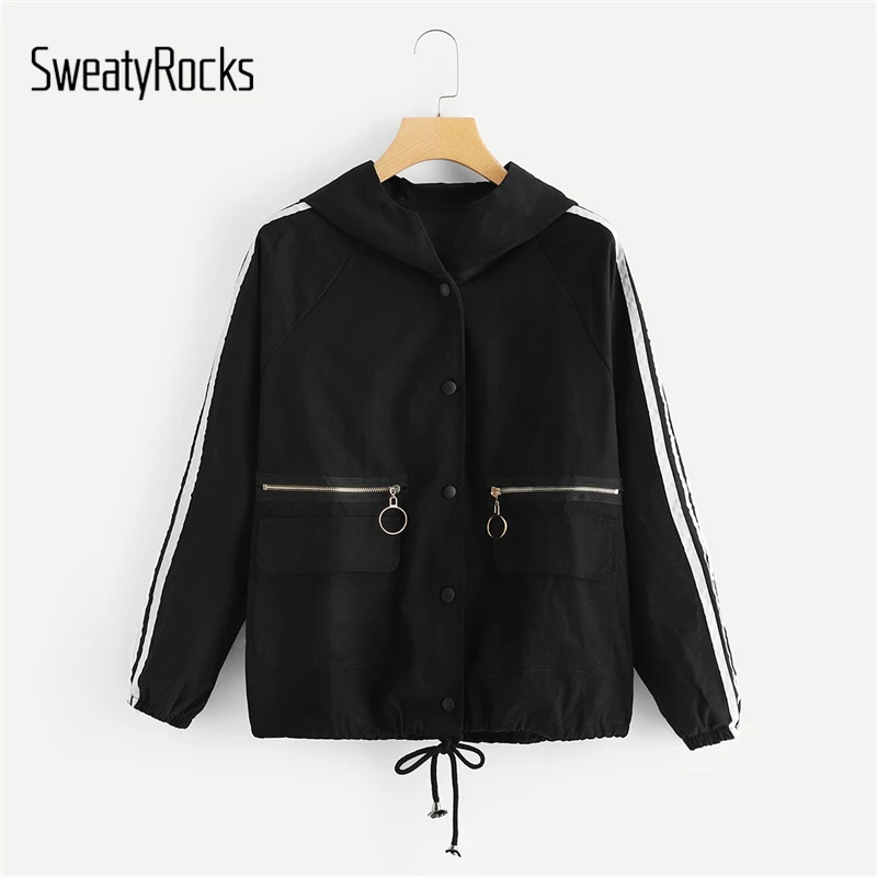 

SweatyRocks Black Contrast Tape Drawstring Hooded Jacket 2019 New Single Breasted Coats Spring Women Hoodie Jacket And Tops