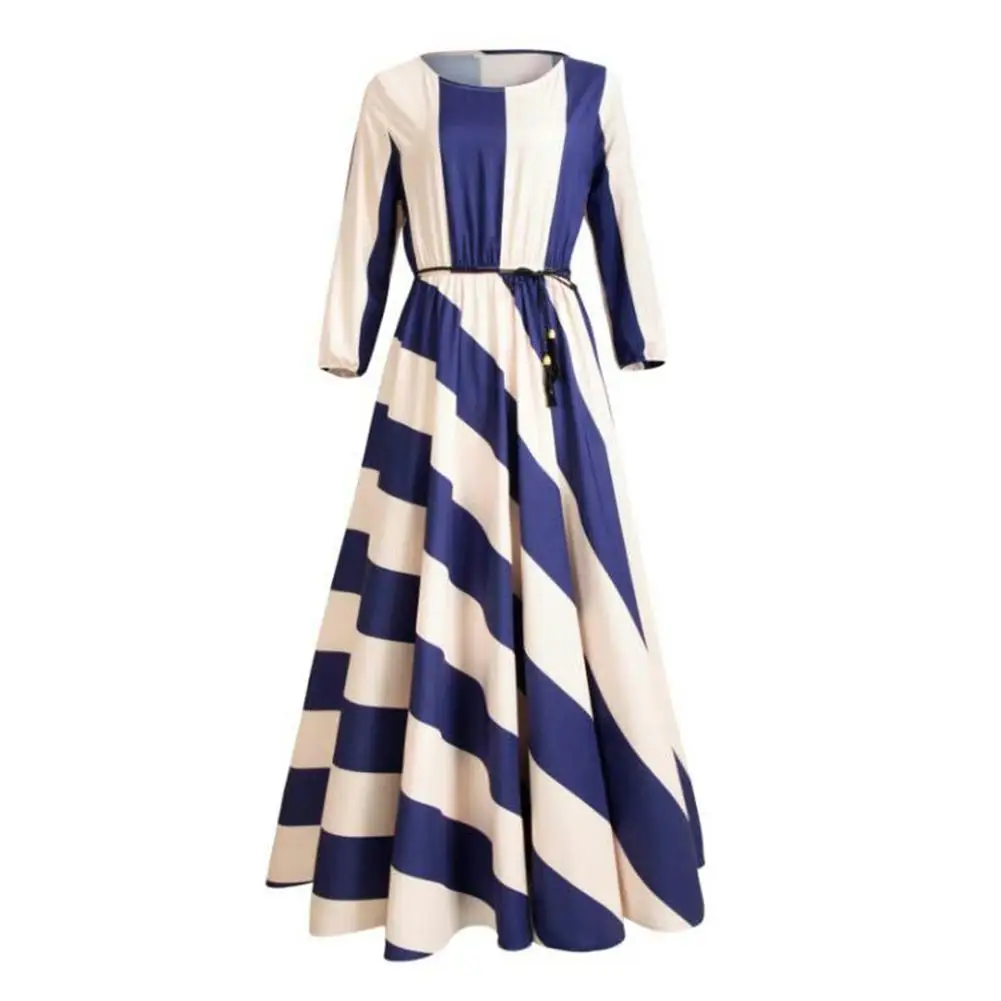 

2019 New Yfashion Women Stripes Printing Middle Sleeve Long Dress