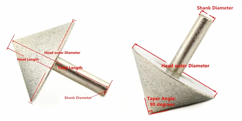 15-60 мм Алмазная Шлифовальная головка точки 90 градусов зернистость 150 вращающийся конус однотипные Угловые сверла отверстие для фаски с покрытием из стекла