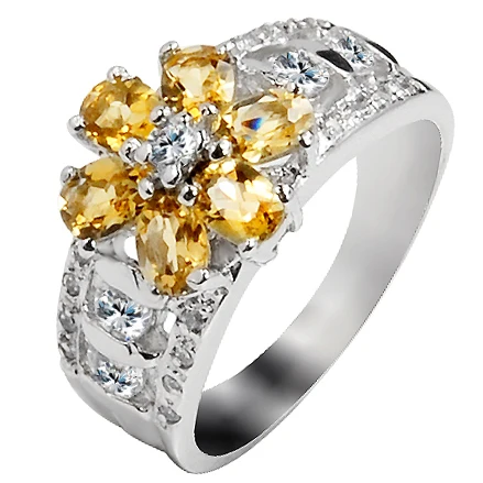 

Natural Citrine Ring 925 Sterling Silver Yellow Crystal Woman Fashion Fine Elegant Chrysanthemum Flower Birthstone Gift sr0035c