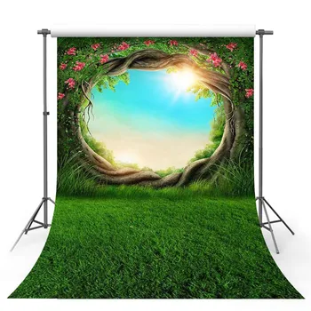 

Vinyl Photography Backgrounds Spring Forest Tree Hole Lawn Safflower Fairy Vine Decor Photocall Banner Studio