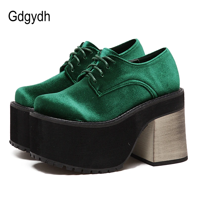 

Gdgydh 2019 New Fashion Spring Autumn High Heels Casual Shoes Woman Black Green Round Toe Platform Pumps For Women Lacing Flock
