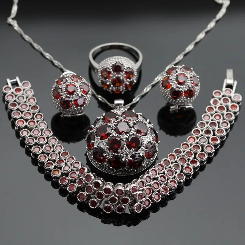 Round Red Silver Jewelry Sets Hoop Earrings Bracelets Set