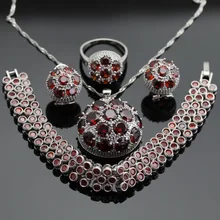 Sistemas de La Joyería de Plata Pendientes de Aro redondo Rojo Granate Pulseras Set Collar Colgante Anillos Para Las Mujeres Caja de Regalo Libre