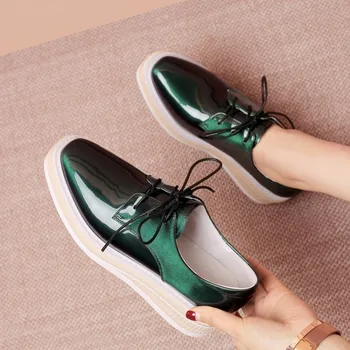 

MLJUESE 2018 fashion sneakers Patent leather green color autumn spring Dad sneakers Vulcanize Shoes wedges sneakers size 34-42