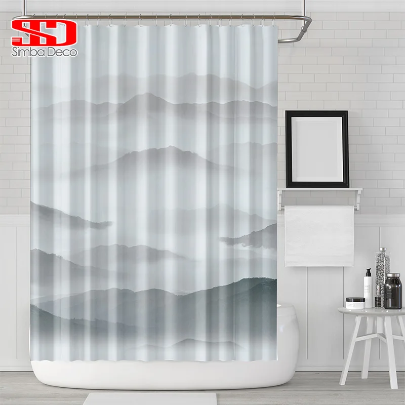 

3D Chinese Painting Shower Curtains for Bathroom Grey Mountains Fabric for Bath Curtains Mildewproof Hanging Screens Bathtub