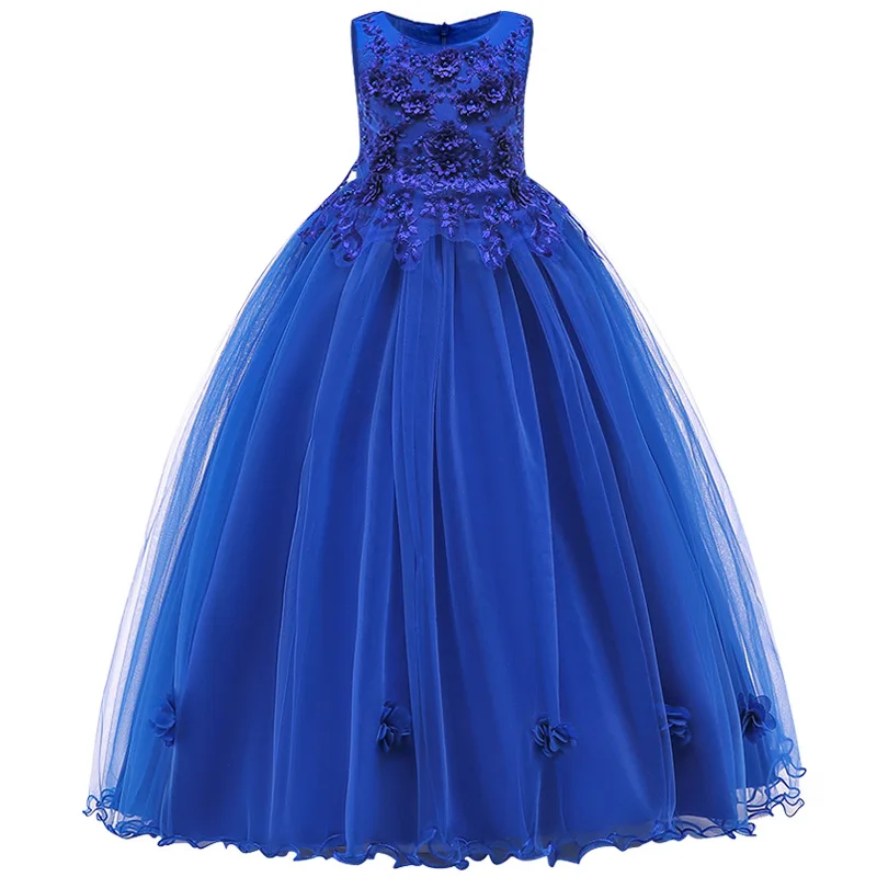 Платье принцессы для девочек; газовое платье для свадебной церемонии; вечерние платья для невесты; платье для выступлений на фортепиано; вечерние платья с вышивкой - Цвет: blue