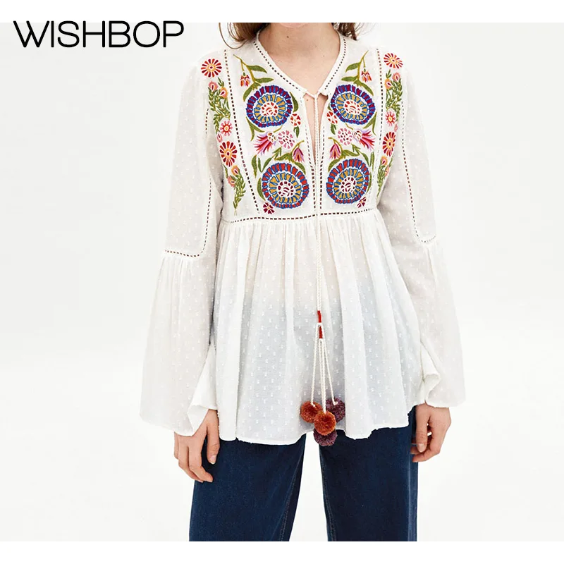 

2018 New Wishbop Ladies Embroidered Flowing Top Blouse - Womens Cotton Embroidered Tops & Ties In The Front With Pompoms