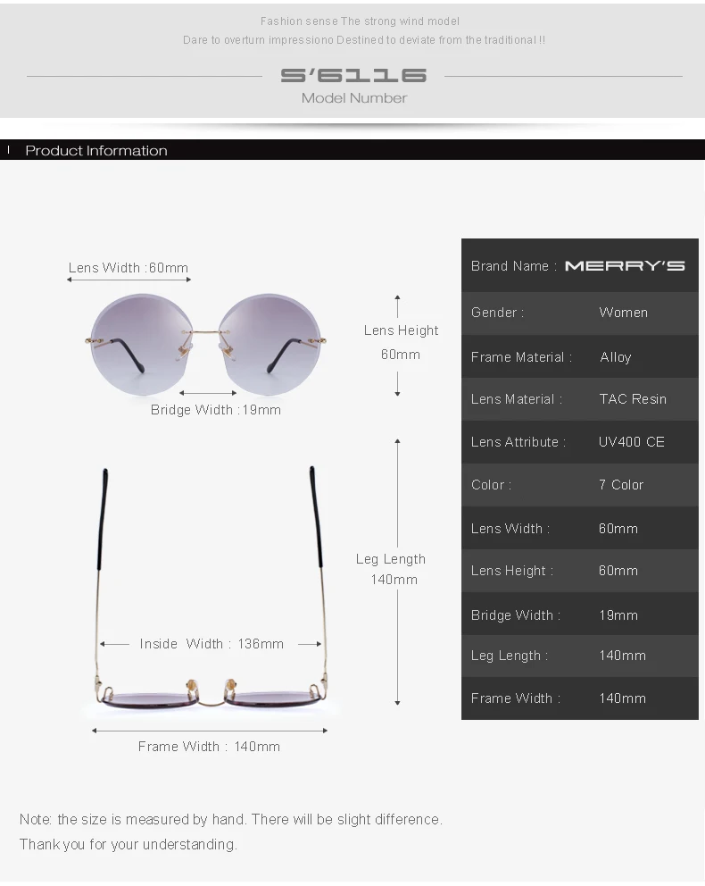 MERRYS дизайнерские женские круглые солнцезащитные очки без оправы градиентные линзы UV400 защита S6116