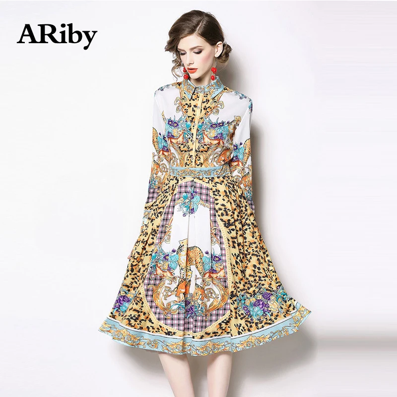 Women Dress Turn-down Collar Dress Spring 2019 New Fashion Lady Vintage Elegant Temperament Printed Long-sleeved A-Line Dresses