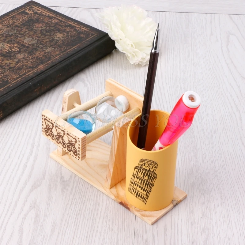 Timer Wood Pen Holder Office Desk Accessories with Hourglass Scrub Pencil Holder