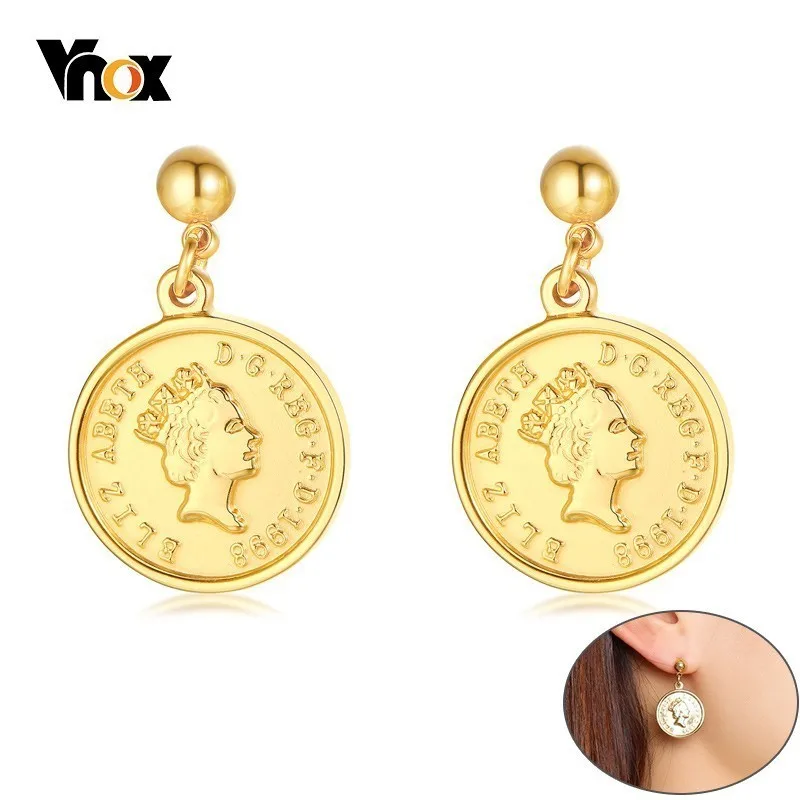 

Vnox Unique Design Queen Elizabeth Avatar Coin Earrings for Women Vintage Gold Tone Round Stud Earring Girl Lady Gift
